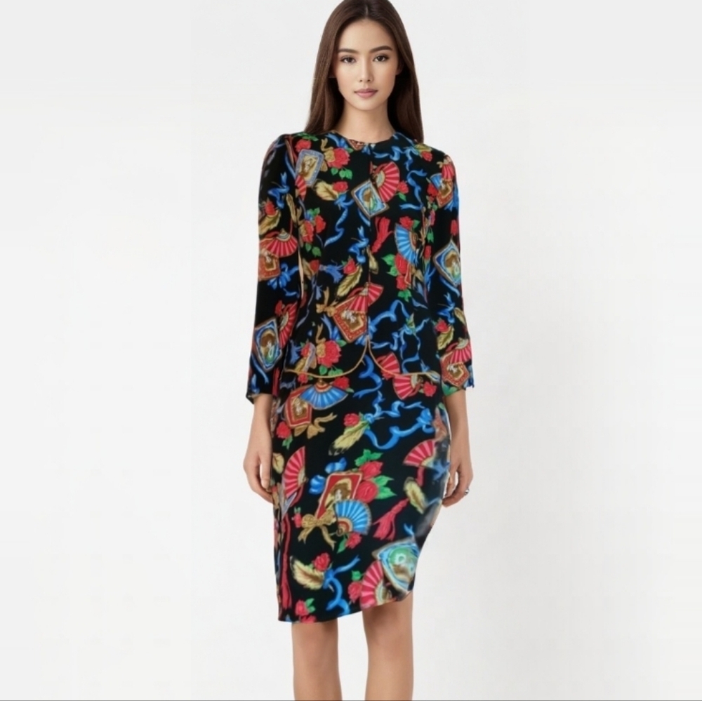Nipon Petites 80s 100% Silk Skirt Suit Set Novelty Fan Portrait‎ Print Black